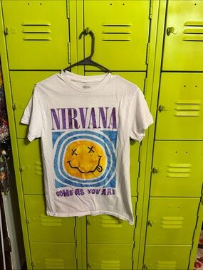 NIRVANA White Tee with Purple Logo and Yellow Smiley